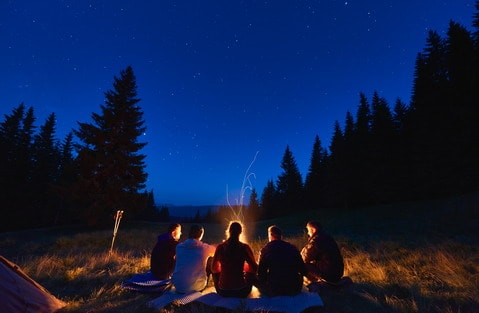 Tourists enjoying time near campfire in forest.